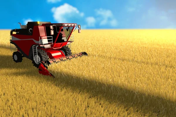 Red rye combine harvester is working on big golden field - food industry machine concept, industrial 3D illustration — Stock Photo, Image