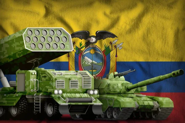 Εκουαδόρ βαριά στρατιωτικά θωρακισμένα οχήματα έννοια στο υπόβαθρο της εθνικής σημαίας. Εικονογράφηση 3D — Φωτογραφία Αρχείου