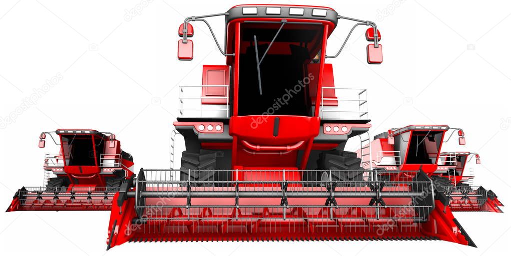 industrial 3D illustration of some red rye harvesters isolated on white background - agricultural vehicle