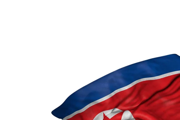 Bandeira agradável Coreia do Norte com grandes dobras deitado no canto inferior direito isolado no branco - qualquer bandeira de férias ilustração 3d — Fotografia de Stock