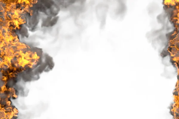 Sol ve sağ, üst ve alt yan beyaz yangın hatları üzerinde izole koyu duman çerçevesi ile gizem erime şömine boş ateş 3D illüstrasyon — Stok fotoğraf