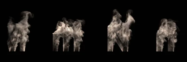 Fuente artística de humo halloween - mayúsculas (mayúsculas) y minúsculas M y N hechas de niebla pesada aislada en negro, ilustración 3D de símbolos —  Fotos de Stock
