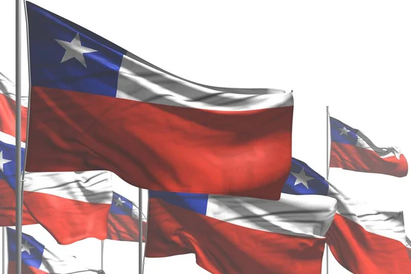 Lindo muchas banderas de Chile están ondeando aislados en blanco - cualquier celebración bandera 3d ilustración —  Fotos de Stock