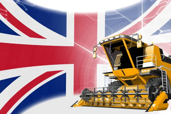 Agriculture innovation concept, yellow advanced grain combine harvester on United Kingdom (UK) flag - digital industrial 3D illustration