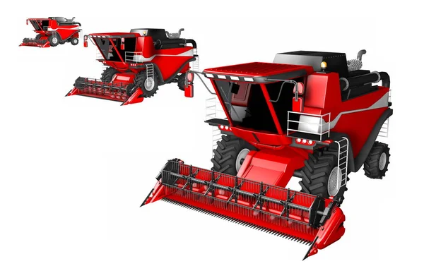 흰색 배경에 고립 된 3 개의 빨간 농촌 결합 수확기의 산업 3D 그림 - 농업 기계 - 상단보기 — 스톡 사진