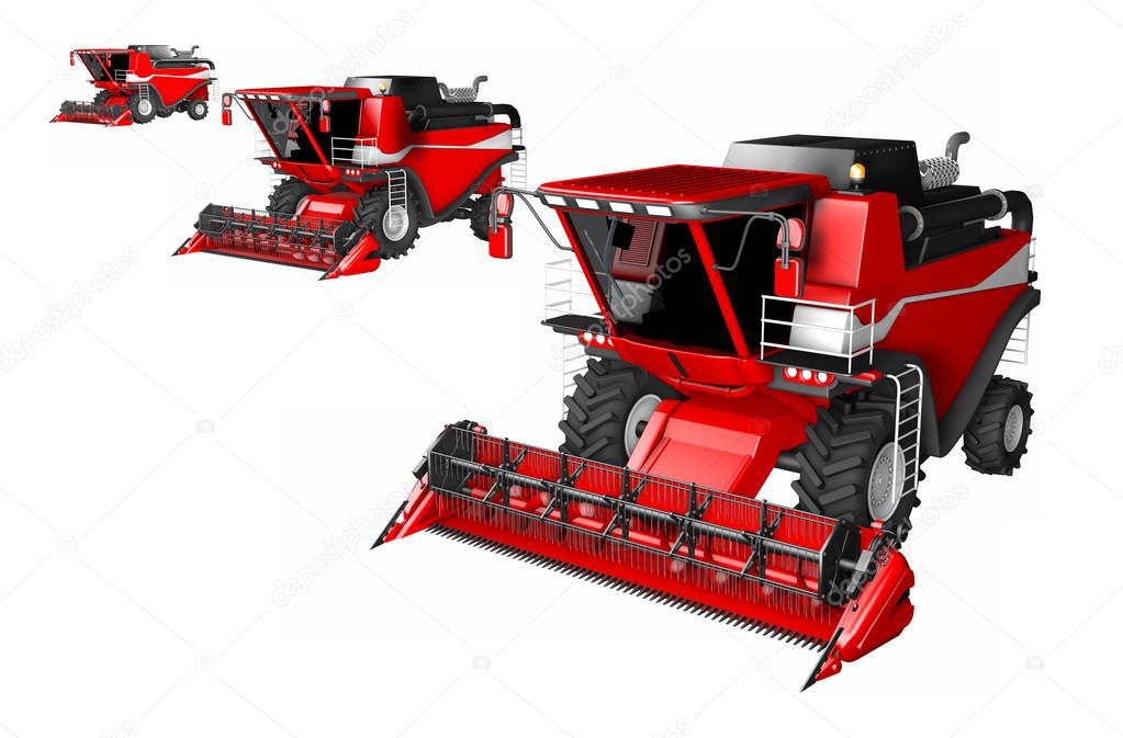 industrial 3D illustration of 3 red rural combine harvesters isolated on white background - agricultural machine - top view