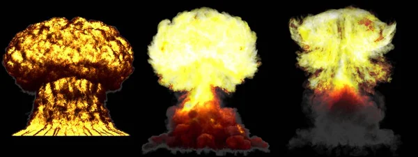 3D ilustrace exploze-3 velké velmi vysoké detailní fáze, exploze atomového mraku atomová bomba s kouřem a ohněm izolovaným na černém — Stock fotografie