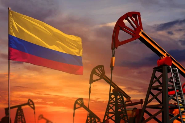 Colombia olie-industrie concept. Industriële illustratie-Colombia vlag en oliebronnen met de rode en blauwe zonsondergang of zonsopgang hemel achtergrond-3D illustratie — Stockfoto
