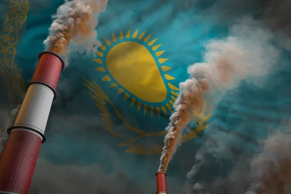 Szennyezés elleni küzdelem Kazahsztán koncepció-ipari 3D illusztrációja két nagy gyár kémények erős füst a zászló háttér — Stock Fotó