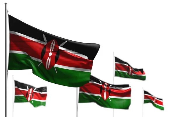 Carino cinque bandiere del Kenya sono onda isolata sul bianco - immagine con messa a fuoco morbida - qualsiasi occasione bandiera 3d illustrazione — Foto Stock