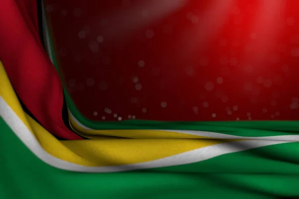 Mooie donkere foto van Guyana vlag liggen in de hoek op de rode achtergrond met selectieve focus en gratis plaats voor uw inhoud-elke gelegenheid vlag 3D illustratie — Stockfoto