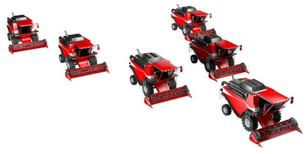 Wielu czerwonych wiejskich kombajnów na białym tle-pojazd gospodarstwa, przemysłowe 3D ilustracja-widok z góry — Zdjęcie stockowe