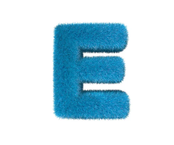 字母 E 蓝色可笑的毛茸茸的字体孤立在白色背景上,儿童概念符号的 3D 插图 — 图库照片