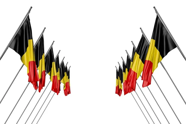 Beaux drapeaux de Belgique accrochés dans des poteaux d'angle des côtés gauche et droit isolés sur le blanc - n'importe quel drapeau de célébration illustration 3D — Photo