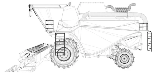 Промислова 3D ілюстрація тонкої контурної, деталізованої 3D моделі пшеничного комбайна ізольовано на білому фоні концепції дослідження сільськогосподарських машин — стокове фото
