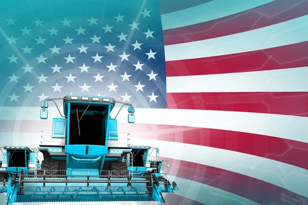 Farm machinery modernisation concept, blue modern rye combine harvesters on USA flag - digital industrial 3D illustration — Stock Photo, Image