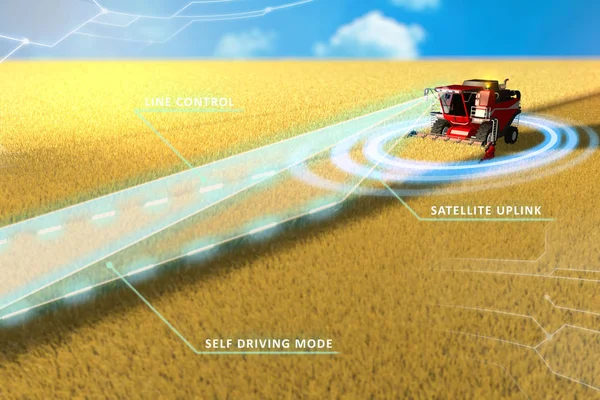 Zelf rijden, onbemande, autonome graan maaidorser werken in het veld-landbouw apparatuur toekomstig concept-industriële 3D illustratie — Stockfoto