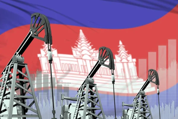 Промышленная иллюстрация нефтяных скважин - концепция нефтяной промышленности Камбоджи на фоне флага. 3D-моделирование — стоковое фото