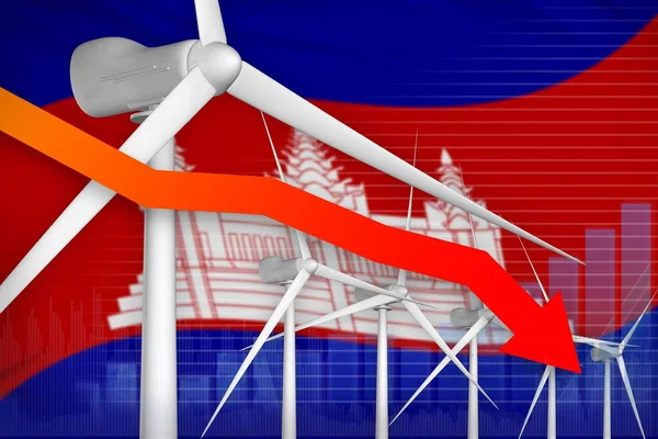График снижения энергии ветра в Камбодже, стрелка вниз - промышленная иллюстрация альтернативной природной энергии. 3D-моделирование — стоковое фото