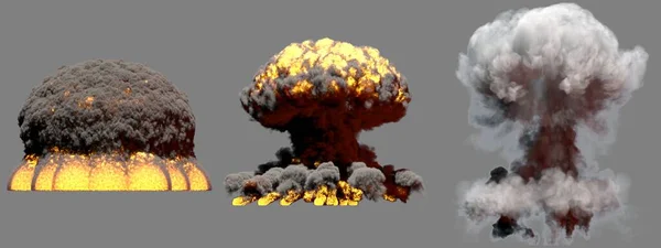 3D illustration of explosion - 3 big different phases fire mushroom cloud explosion of nuclear bomb with smoke and flame isolated on grey background