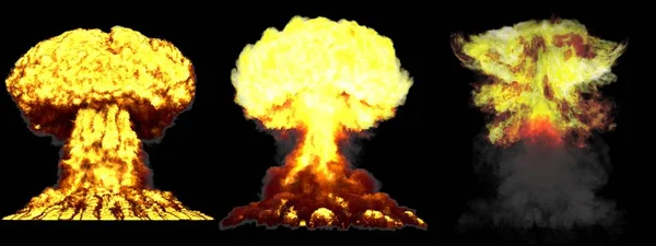 3D иллюстрация взрыва - 3 больших высокодетализированных различных фаз взрыв грибного облака термоядерной бомбы с дымом и огнем изолированы на черном — стоковое фото