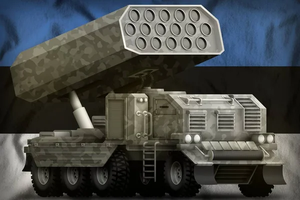 Raket artilleri, missil Launcher med grått kamouflage på Estlands nationella flagg bakgrund. 3D-illustration — Stockfoto