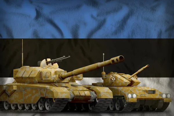 Estonia fuerzas de tanque concepto en el fondo de la bandera nacional. Ilustración 3d — Foto de Stock