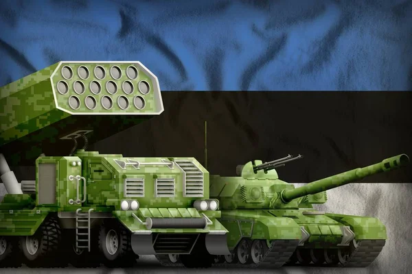 Estonia heavy military armored vehicles concept on the national flag background. 3d Illustration