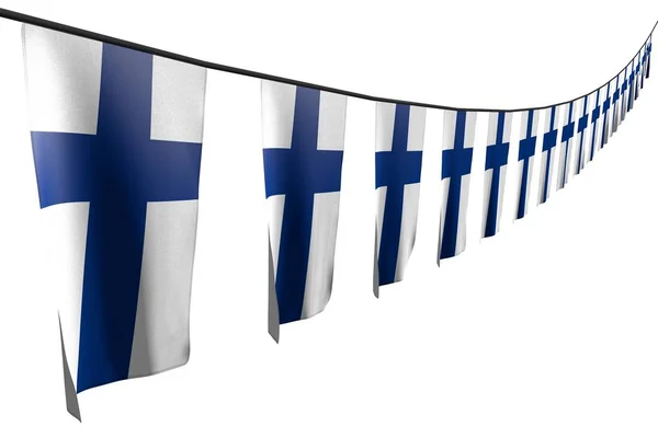 Ganska många Finland flaggor eller banners hänger diagonalt med perspektivvy på sträng isolerad på vit-alla tillfällen flagga 3D illustration — Stockfoto