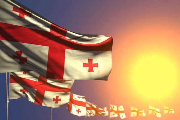 nice many Georgia flags on sunset placed diagonal with bokeh and space for your text - any feast flag 3d illustration