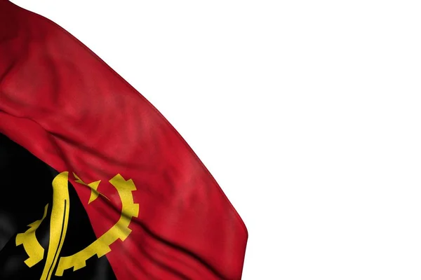 Mignon drapeau angolais avec de gros plis couchés dans le coin inférieur gauche isolé sur blanc - n'importe quel drapeau de fête illustration 3d — Photo
