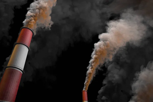 Pollution creative mockup, industrial 3D illustration - dark smoking factory chimneys isolated on black background