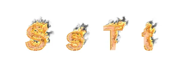 Fuente artística creativa, fuego ardiente y capital de humo (mayúsculas) y letras minúsculas S y T aisladas en blanco - Ilustración 3D de símbolos —  Fotos de Stock