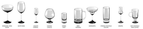 Ilustração 3D de enorme coleção de copos diferentes para bebidas alcoólicas fortes e coquetéis isolados na vista branca, lateral-superior - beber vidro render — Fotografia de Stock