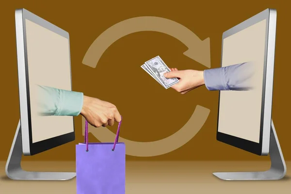 Digitaal concept, twee wijzers van displays. hand met winkelmandje en hand met cash geld. 3D-illustratie — Stockfoto