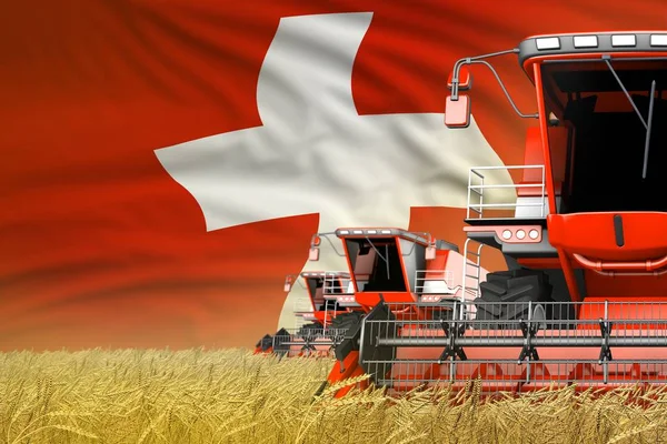 Trois moissonneuses-batteuses modernes rouges avec drapeau suisse sur le terrain rural - vue rapprochée, concept agricole - illustration 3D industrielle — Photo