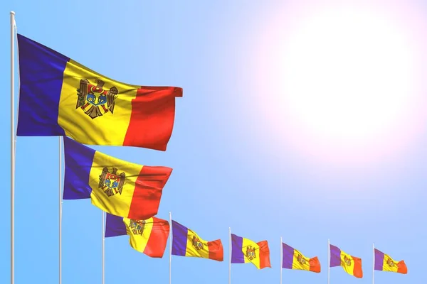 Merveilleux de nombreux drapeaux Moldavie placés en diagonale sur le ciel bleu avec place pour votre texte - toute occasion drapeau illustration 3D — Photo