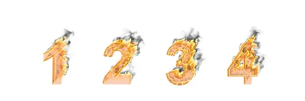 Fuentes de diseño artístico, llamas de fuego y humo números 1 2 3 4 aislado en blanco - Ilustración 3D de símbolos —  Fotos de Stock