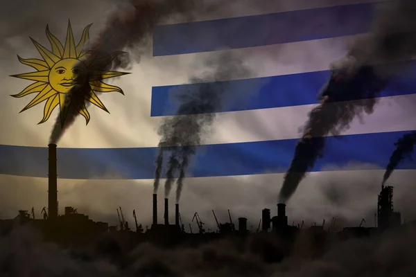 Dark pollution, fight against climate change concept - industrial 3D illustration of industrial chimneys heavy smoke on Uruguay flag background