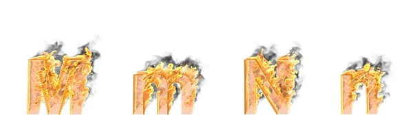 예술적인 디자인 글꼴, 지옥 화재 및 연기 자본 (대문자) 및 소문자 M과 N 흰색에 격리 - 기호의 3D 그림 — 스톡 사진