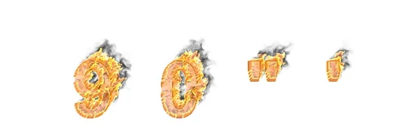 Tűz-és sűrű füst számok 9 és 0, aposztróf és idézetek jelek elszigetelt, művészi hősies font-3D illusztráció szimbólumok — Stock Fotó