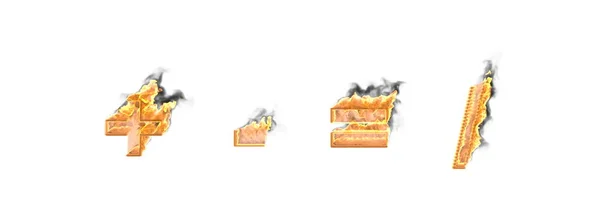 화재 와 어두운 연기 플러스 마이너스 (대시) 기호와 슬래시 (스트로크, solidus) 고립, 예술 영웅 글꼴 - 기호의 3D 그림 — 스톡 사진