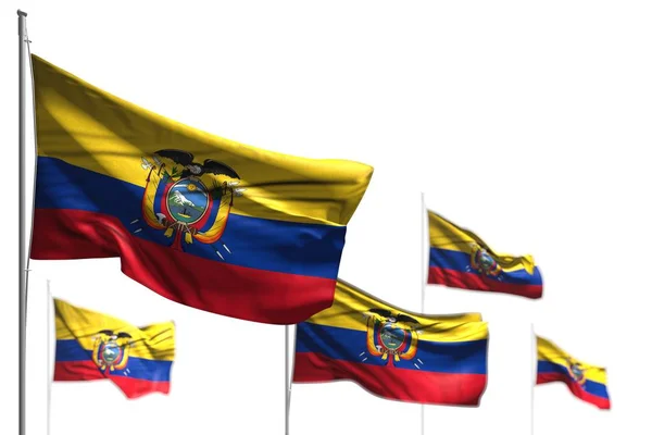 Wonderful five flags of Ecuador are wave isolated on white - image with bokeh - any occasion flag 3d illustration — 스톡 사진