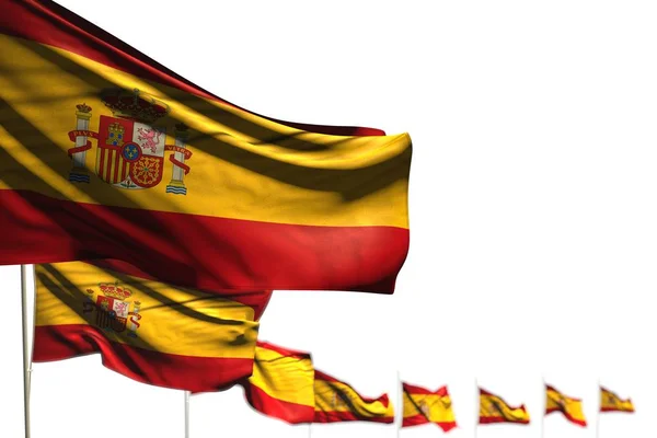 Bonitas banderas aisladas de España colocadas diagonal, foto con bokeh y espacio para el contenido - cualquier celebración bandera 3d ilustración — Foto de Stock