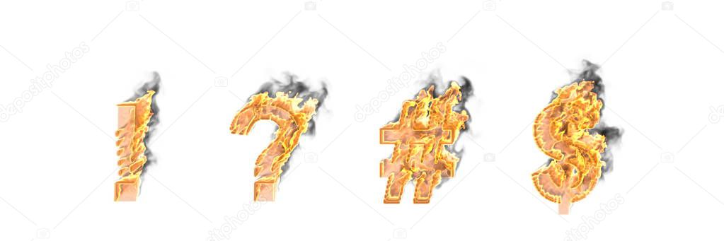 Artistic design font, dense burning fire and smoke exclamation point, question mark number sign (pound, hash) and dollar - peso sign isolated on white - 3D illustration of symbols