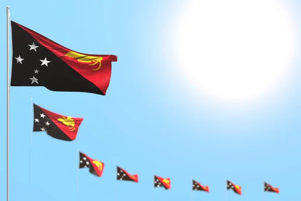 Ziemlich viele neue Papua-Guinea-Flaggen diagonal platziert mit selektivem Fokus und leerem Raum für Ihre Inhalte - jede Gelegenheit Flagge 3D-Illustration — Stockfoto