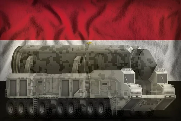 Missile balistique intercontinental avec camouflage de ville sur le fond du drapeau national égyptien. Illustration 3d — Photo