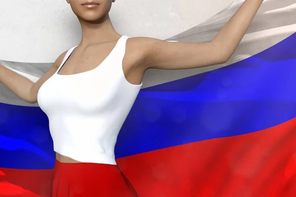 Hermosa chica en falda brillante sostiene bandera de Rusia en las manos detrás de su espalda sobre el fondo blanco - concepto de la bandera 3d ilustración —  Fotos de Stock