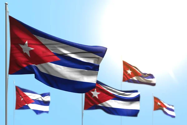 nice 5 flags of Cuba are waving against blue sky picture with bokeh - any feast flag 3d illustration