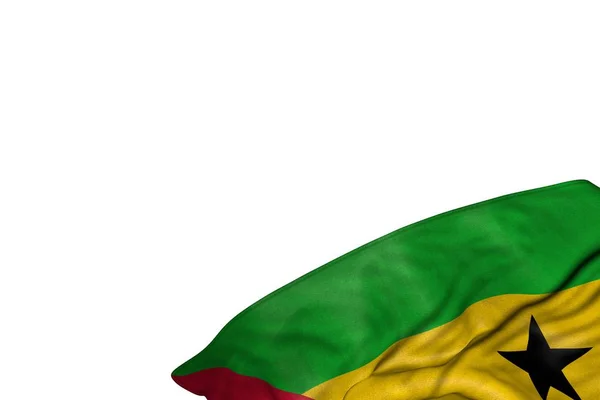 Pretty Sao Tome och Principe flagga med stora veck ligger i nedre högra hörnet isolerade på vitt-någon fest flagga 3D-illustration — Stockfoto